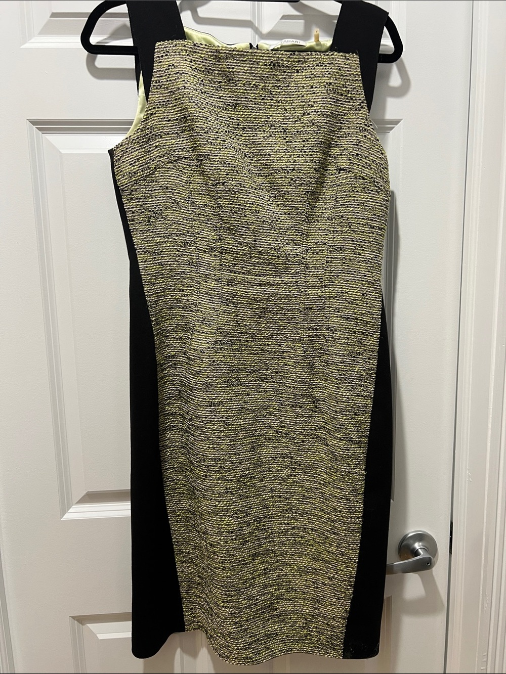 T Tahari Black and Yellow Tweed Sheath Dress with Side Panels